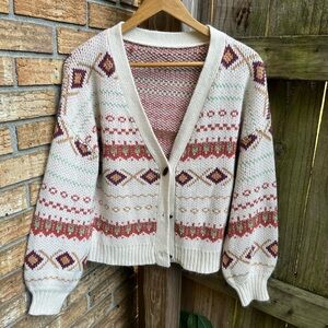 Boho Cream and Burgundy Knit Cardigan